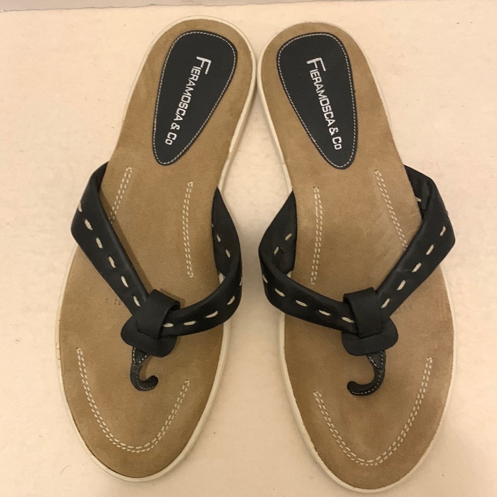 FIERAMOSCA & CO BLACK LEATHER/TAN SUEDE SANDALS::NWOTS NEVER WORN:SZ 7•5 BRAZIL